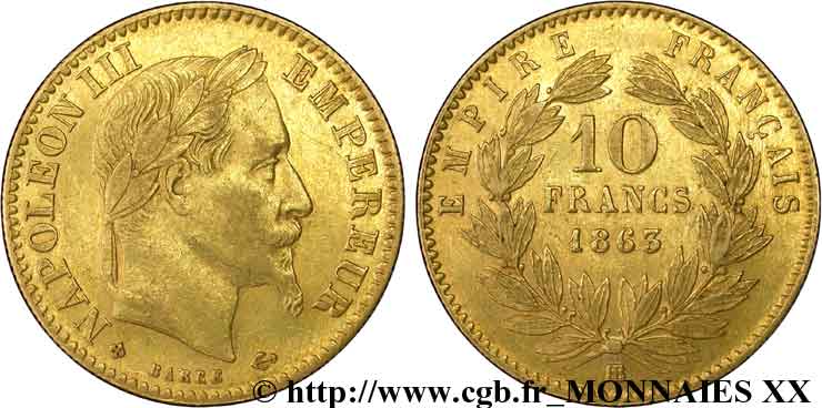 10 francs or Napoléon III, tête laurée 1863 Strasbourg F.507A/4 MBC 