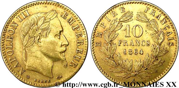 10 francs or Napoléon III, tête laurée 1864 Paris F.507A/6 BB 