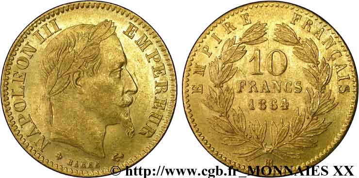 10 francs or Napoléon III, tête laurée 1864 Strasbourg F.507A/7 AU 