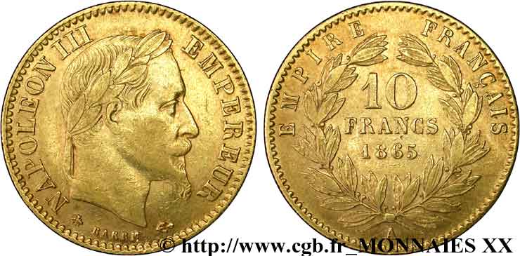 10 francs or Napoléon III, tête laurée 1865 Paris F.507A/9 BB 