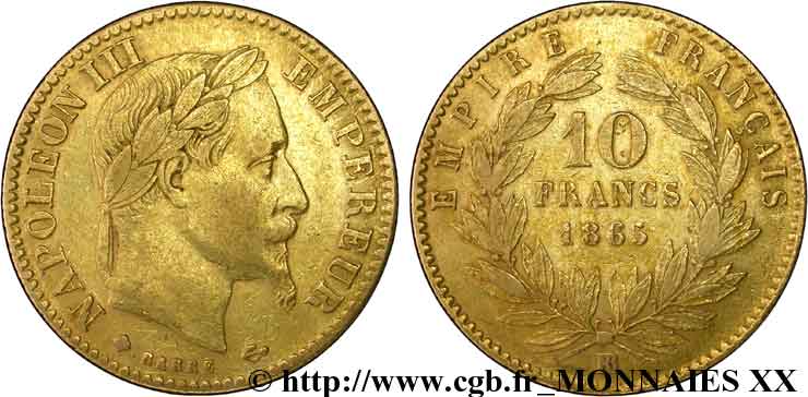 10 francs or Napoléon III, tête laurée 1865 Strasbourg F.507A/11 MBC 