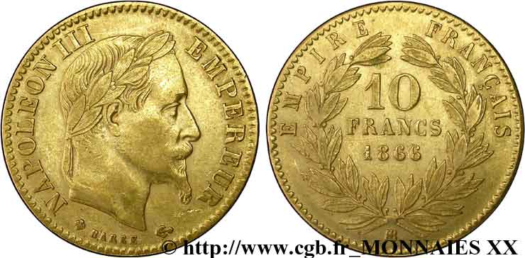 10 francs or Napoléon III, tête laurée 1866 Strasbourg F.507A/13 BB 