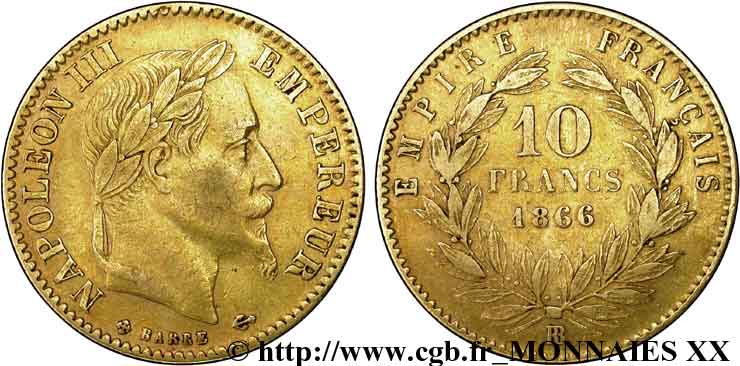 10 francs or Napoléon III, tête laurée 1866 Strasbourg F.507A/14 MBC 