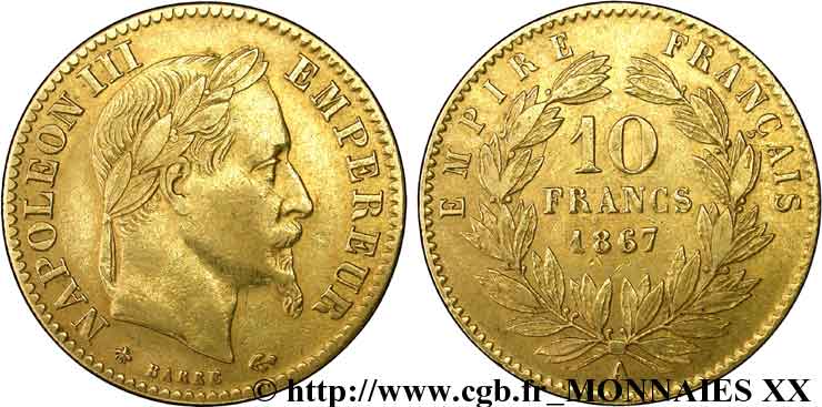 10 francs or Napoléon III, tête laurée 1867 Paris F.507A/15 SS 