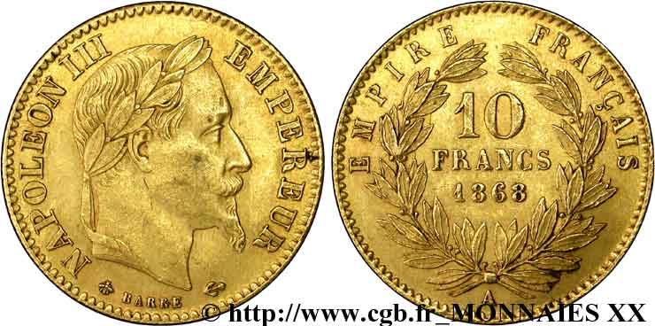 10 francs or Napoléon III, tête laurée 1868 Paris F.507A/17 SS 