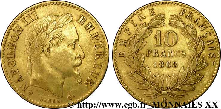 10 francs or Napoléon III, tête laurée 1868 Strasbourg F.507A/18 BB 