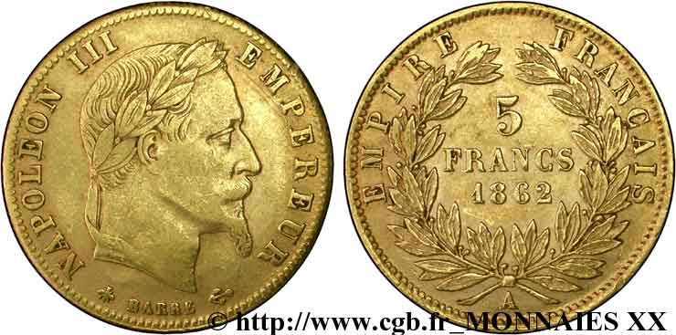 5 francs or Napoléon III, tête laurée 1862 Paris F.502/1 SS 