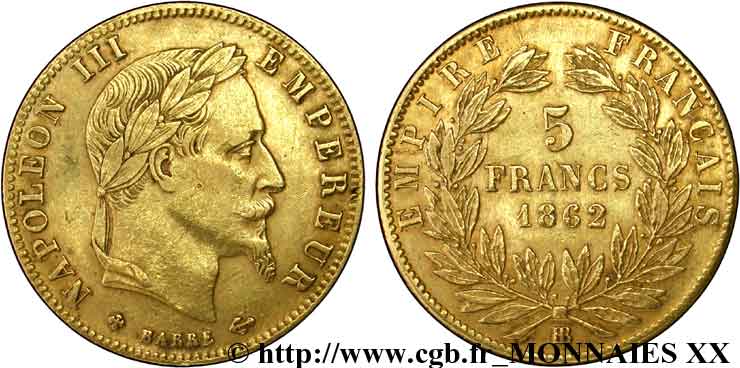 5 francs or Napoléon III, tête laurée 1862 Strasbourg F.502/2 XF 