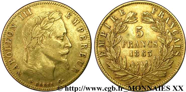 5 francs or Napoléon III, tête laurée 1863 Paris F.502/3 SS 