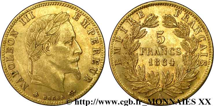 5 francs or Napoléon III, tête laurée 1864 Paris F.502/5 TTB 