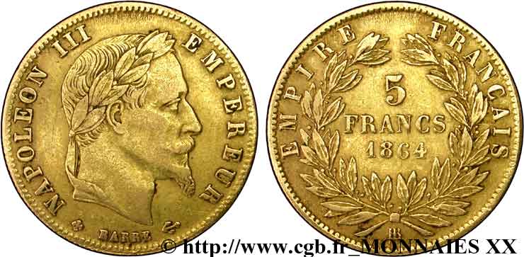 5 francs or Napoléon III, tête laurée 1864 Strasbourg F.502/6 BB 