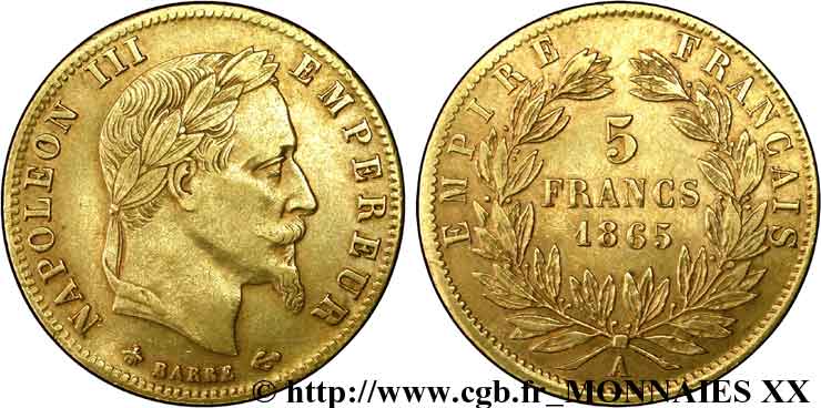5 francs or Napoléon III, tête laurée 1865 Paris F.502/7 MBC 