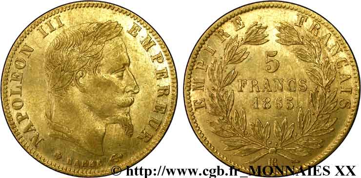 5 francs or Napoléon III, tête laurée 1865 Strasbourg F.502/8 MBC 