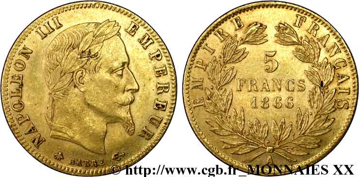 5 francs or Napoléon III, tête laurée 1866 Paris F.502/9 MBC 