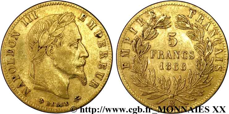 5 francs or Napoléon III, tête laurée 1866 Strasbourg F.502/10 TTB 