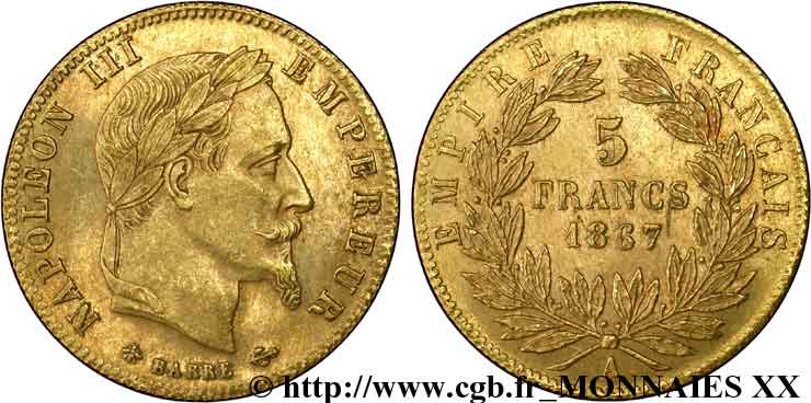 5 francs or Napoléon III, tête laurée 1867 Paris F.502/11 VZ 