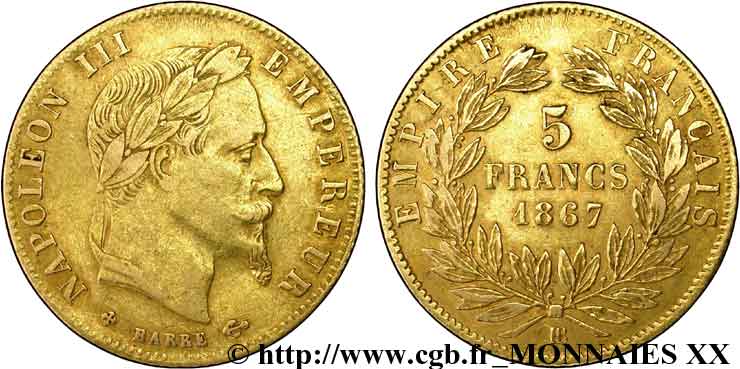 5 francs or Napoléon III, tête laurée 1867 Strasbourg F.502/12 XF 