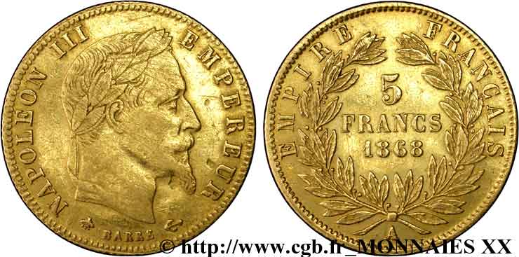 5 francs or Napoléon III, tête laurée 1868 Paris F.502/13 BC 