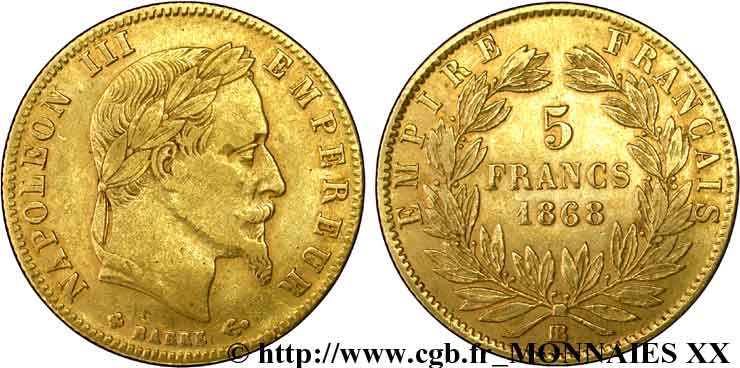 5 francs or Napoléon III, tête laurée 1868 Strasbourg F.502/14 BB 