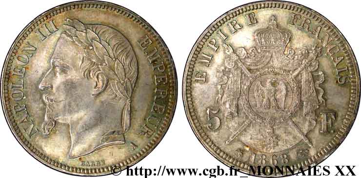 5 francs Napoléon III tête laurée 1868 Paris F.331/12 SC 