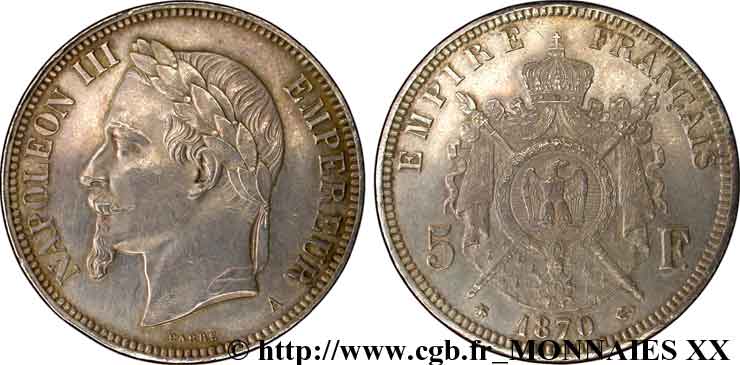 5 francs Napoléon III tête laurée 1870 Paris F.331/16 EBC 