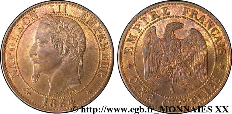 Cinq centimes Napoléon III tête laurée 1864 Paris F.117/13 MS 