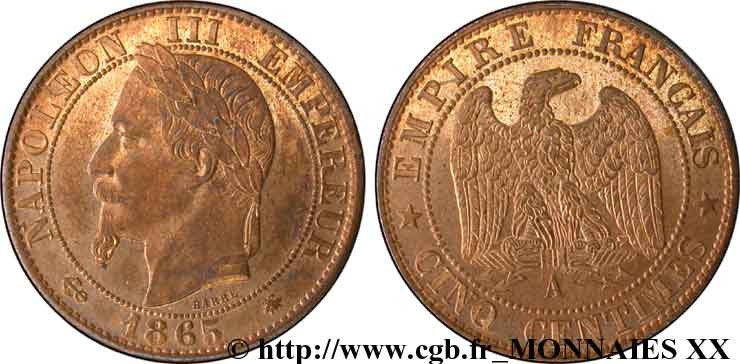 Cinq centimes Napoléon III tête laurée 1865 Paris F.117/16 MS 