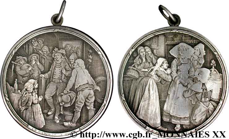 SECOND EMPIRE Médaille de mariage Ar 50, biface avec miroir SUP