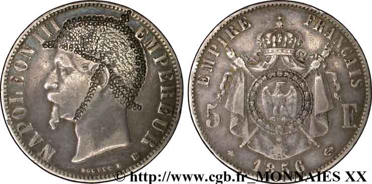 Monnaie satirique de 5 francs Napoléon III tête nue, regravée 1856 Strasbourg F.330/8 XF 