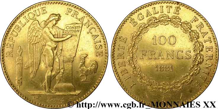 100 francs or Génie, tranche inscrite en relief Dieu protège la France 1881 Paris F.552/4 SS 
