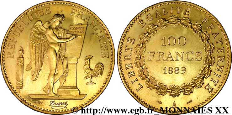 100 francs génie, tranche inscrite en relief Dieu protège la France 1889 Paris F.552/9 VZ 