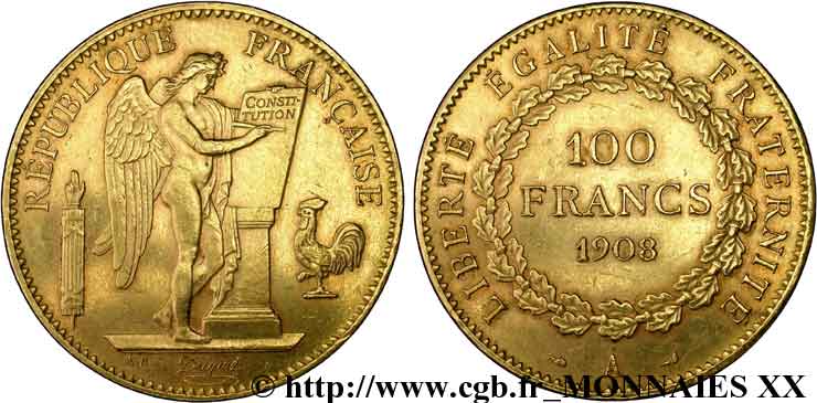 100 francs génie, tranche inscrite en relief liberté égalité fraternité 1908 Paris F.553/2 XF 