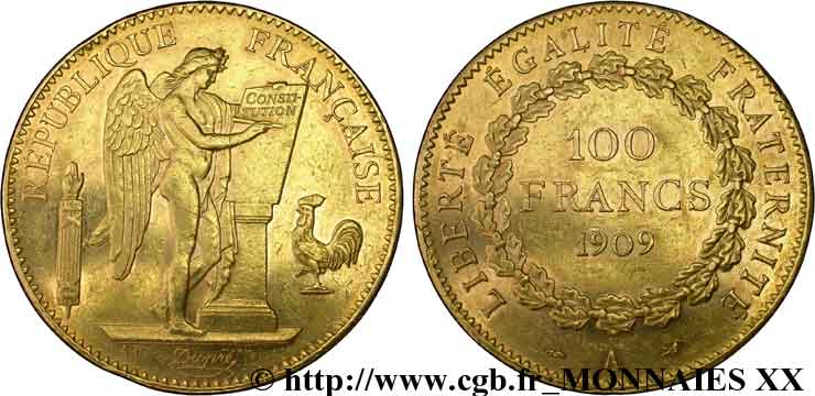 100 francs génie, tranche inscrite en relief Dieu protège la France 1909 Paris F.553/3 XF 