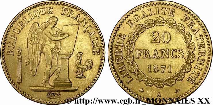 20 francs génie, Troisième république 1871 Paris F.533/1 MBC 