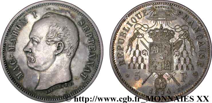 Module de 5 francs Mac-Mahon, pièce satirique en argent - Essai 1874 Bruxelles VG.3857 var. SUP 