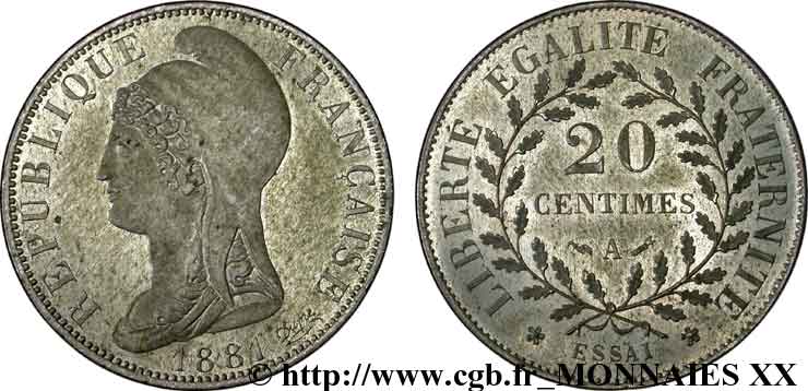 Essai de 20 centimes d’après Dupré 1881 Paris VG.3970  MS 