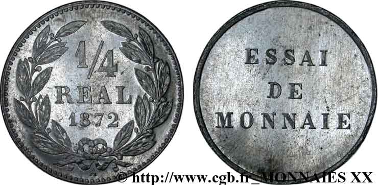 Essai d un 1/4 de réal, tranche lisse 1872 Paris VG.3816 var. SC 