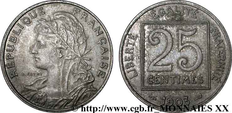 Piéfort de 25 centimes Patey 1er type, sans le mot ESSAI 1903 Paris F.168/3P AU 