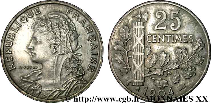 Piéfort de 25 centimes Patey, 2e type à 22 pans, sans le mot ESSAI 1904 Paris F.169/2P VZ 
