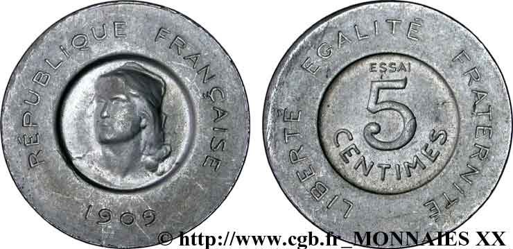Essai en aluminium de 5 centimes Rude 1909 Paris VG.4639  EBC 