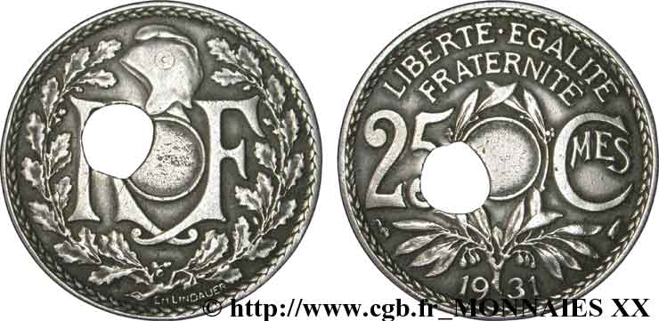 25 centimes Lindauer, trou décentré 1931  F.171/15 TTB 