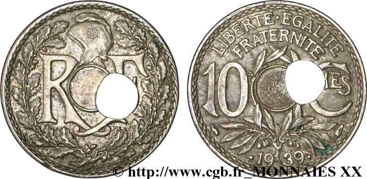 10 centimes Lindauer, Maillechort, trou décentré 1939  F.139/3 XF 
