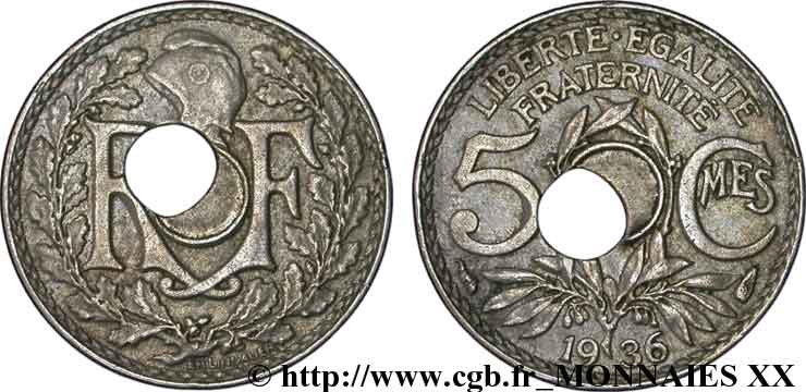 5 centimes Lindauer petit module, trou décentré 1936 Paris F.122/19 var. BB 
