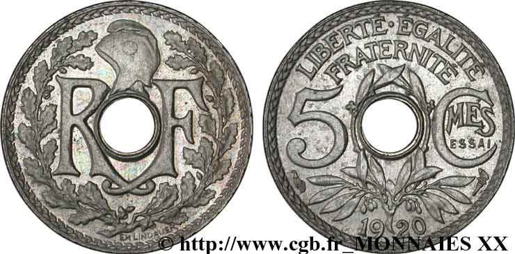 Essai - piéfort de 5 centimes Lindauer en cupro-nickel 1920  F.122/1P SC 