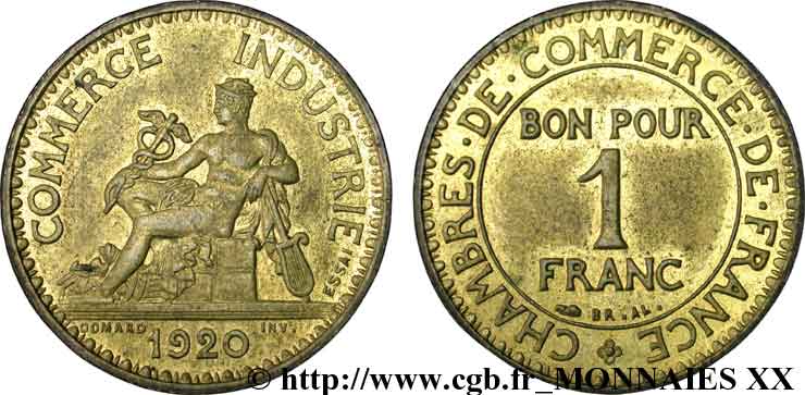Essai - piéfort de 1 franc Chambres de Commerce 1920 Paris F.218/1P EBC 