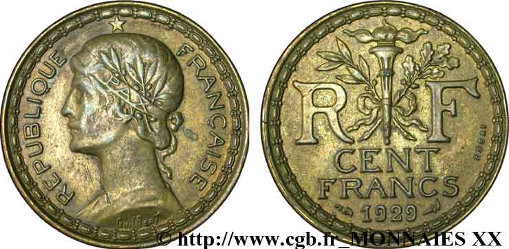 Concours de 100 Francs, essai de Guilbert en bronze-aluminium 1929 Paris VG.cf. 5219  AU 