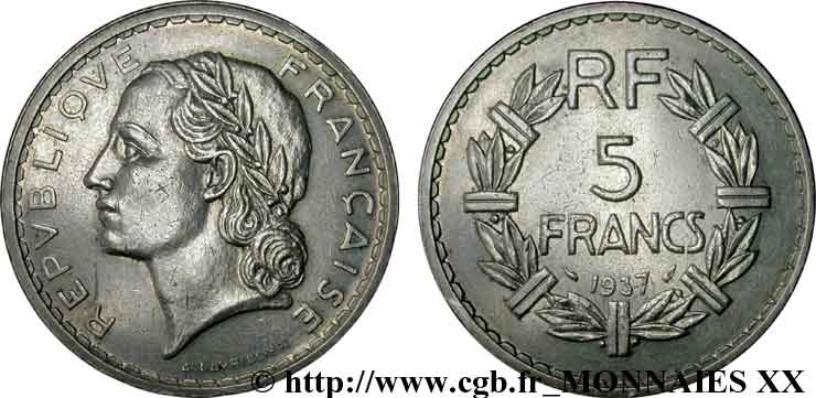 5 francs Lavrillier en nickel 1937 Paris F.336/6 XF 