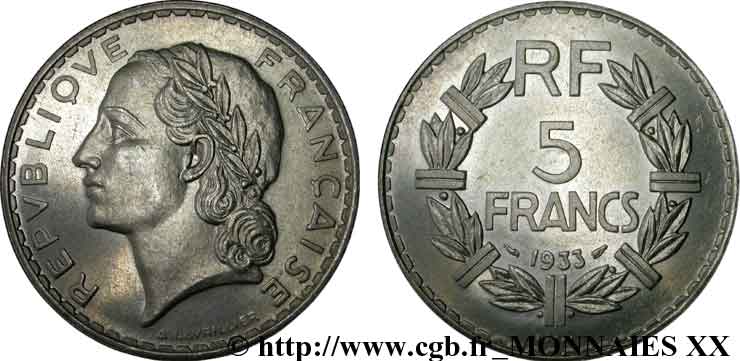 Concours de 5 francs, essai de Lavrillier en nickel 1933 Paris F.336/1 AU 