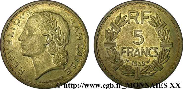 Essai de 5 francs Lavrillier en bronze-aluminium 1939  F.337/2 AU 