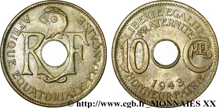 AFRIQUE ÉQUATORIALE FRANÇAISE 10 centimes AEF 1943 Prétoria SPL 